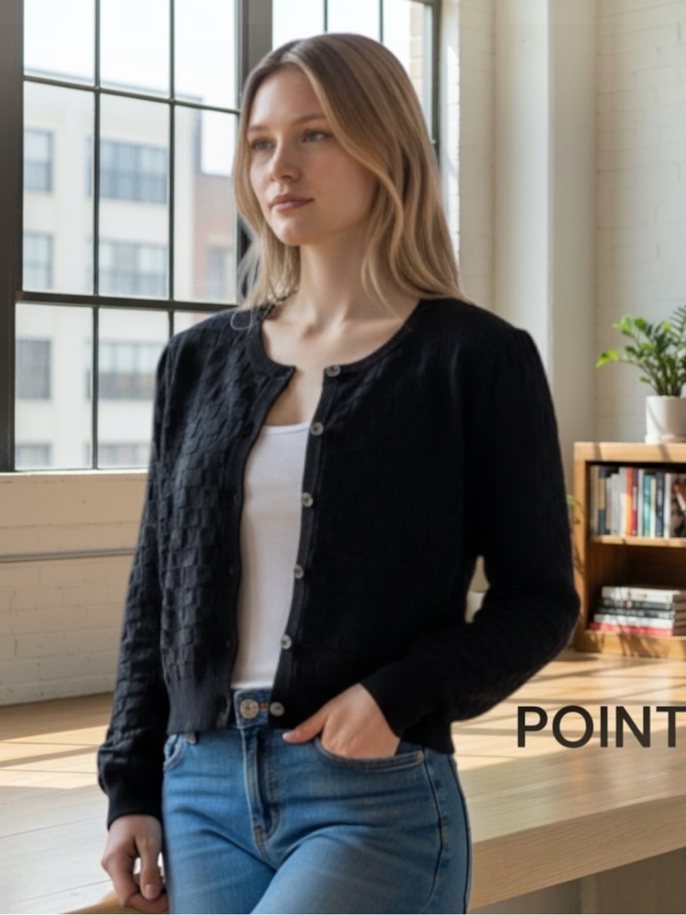 POINT Cardigan Black Button-Front M-L